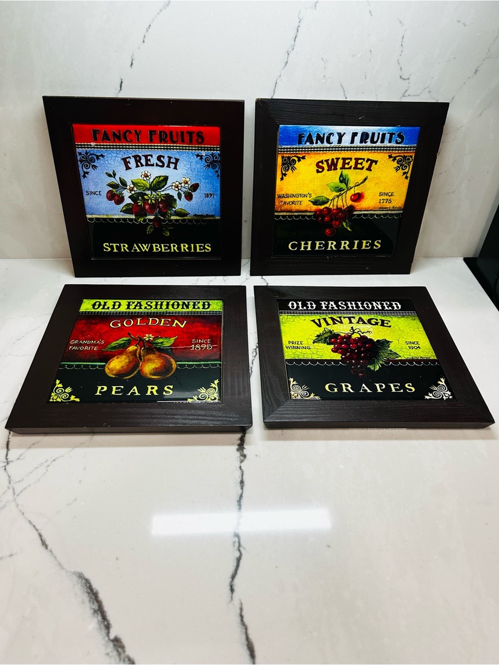 Set of Four Framed Tile Fruit Trivet or Wall Hanging
